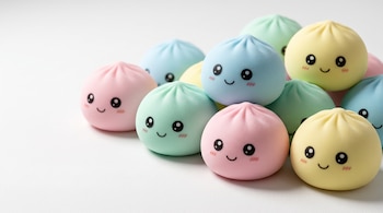 Juguetes blandos de colores pastel con caritas sonrientes sobre un fondo blanco.