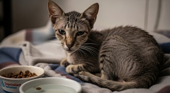 Gato atigrado de pelaje gris y marrón, con orejas grandes, bigotes largos y ojos verdes, tumbado sobre una manta a cuadros junto a dos cuencos de comida y agua.