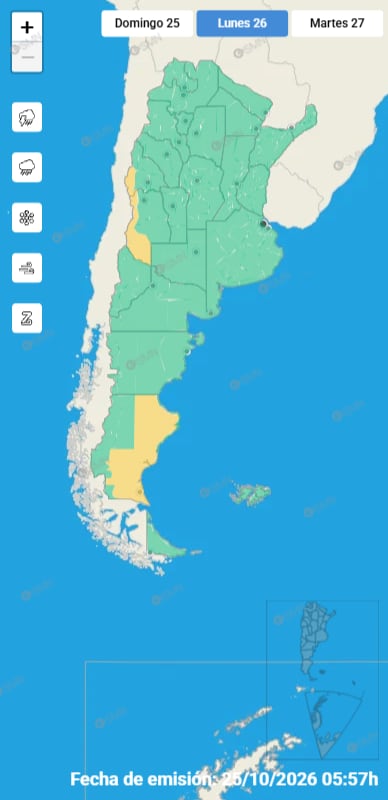 Un mapa del Servicio Meteorológico Nacional señala áreas bajo alerta amarilla en sectores de la cordillera y el sur de Argentina.