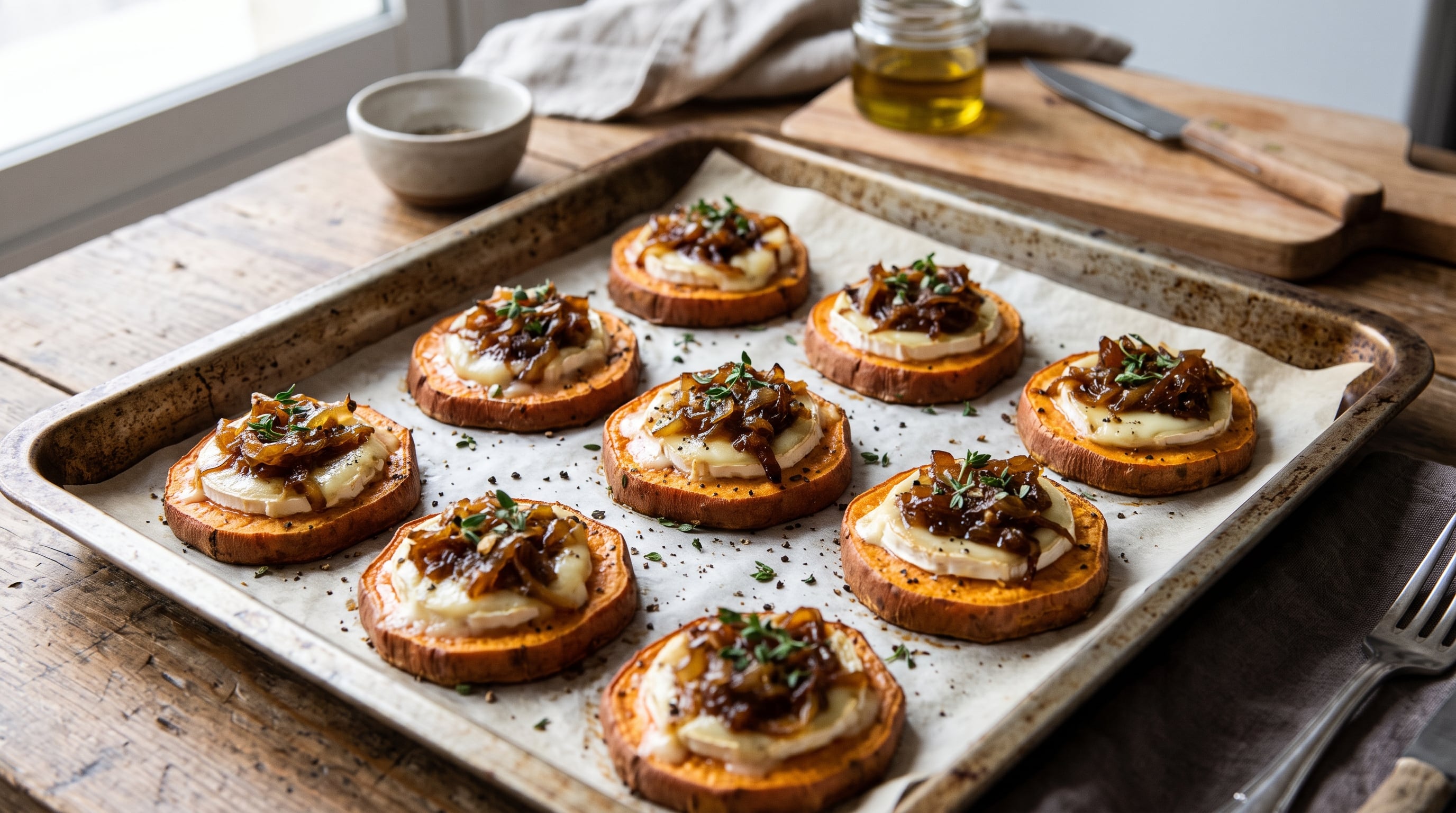 Si quieres un aperitivo perfecto para este otoño, solo necesitas boniato, queso de cabra y cebolla