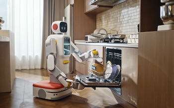 Robot blanco y gris con detalles amarillos y rojos en una cocina moderna, extendiendo sus brazos para cargar un lavavajillas abierto con platos