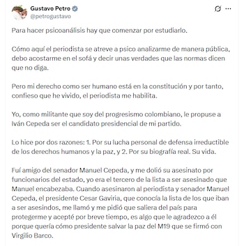 La publicación del presidente reabrió el debate sobre la sucesión dentro del progresismo colombiano de cara al próximo ciclo electoral - crédito @petrogustavo/X