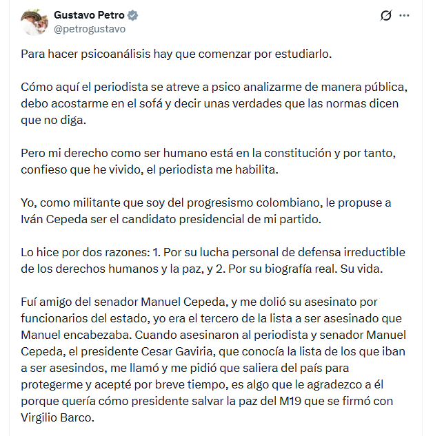 La publicación del presidente reabrió el debate sobre la sucesión dentro del progresismo colombiano - crédito @petrogustavo/X