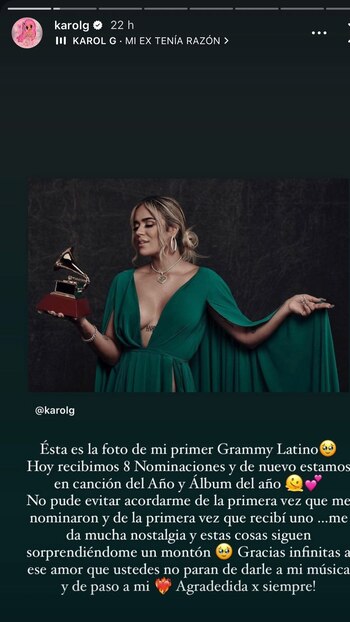 Karol G recordó el primer Grammy Latino que se llevó a casa en 2018 como 'Mejor nuevo artista' - crédito @karolg/Instagram