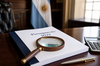 Una lupa sobre un documento titulado Presupuesto 2027, con un bolígrafo, una calculadora y la bandera de Argentina al fondo.