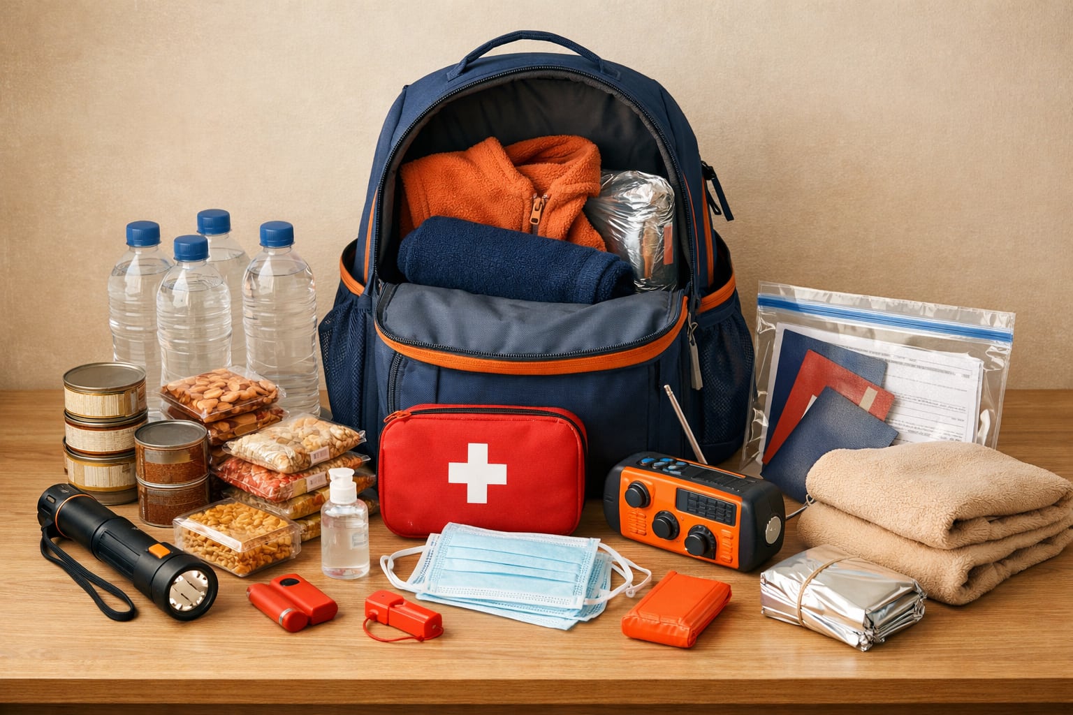 Una mochila de emergencia familiar muestra los artículos esenciales organizados para situaciones imprevistas, como agua, alimentos, botiquín y documentos importantes. (Imagen Ilustrativa Infobae)