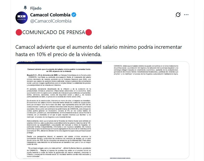 Camacol alertó que el incremento del salario mínimo eleva de forma directa los costos de construcción - crédito Camacol