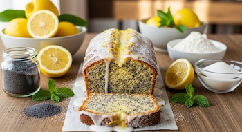Budín de limón y amapola con glaseado y ralladura, con una rebanada. Rodeado de limones, semillas de amapola, azúcar, harina y menta sobre una mesa de madera.