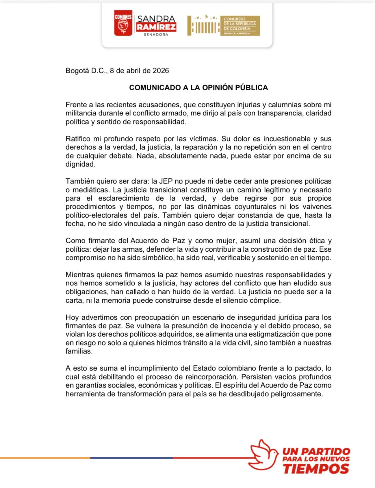 Sandra Ramírez advirtió sobre un escenario de inseguridad jurídica para los firmantes de paz - crédito @SandraComunes/X