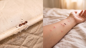 Un primer plano de chinches de cama y pequeños puntos negros en la costura de un colchón, y un brazo con un mosquito y tres picaduras rojas sobre un edredón.