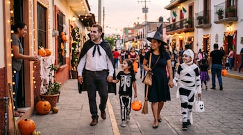 Cuatro personas con disfraces de vampiro, bruja, esqueleto y momia caminan por una calle empedrada decorada con calabazas iluminadas.