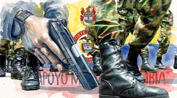 Ilustración acuarela de una mano con una pistola frente a piernas y botas militares, con la bandera de Colombia y el escudo nacional de fondo, y el texto APOYO.