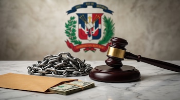 Un mazo de juez de madera, cadenas metálicas y billetes de dólar dentro de un sobre, sobre una mesa de mármol, con el escudo dominicano al fondo.