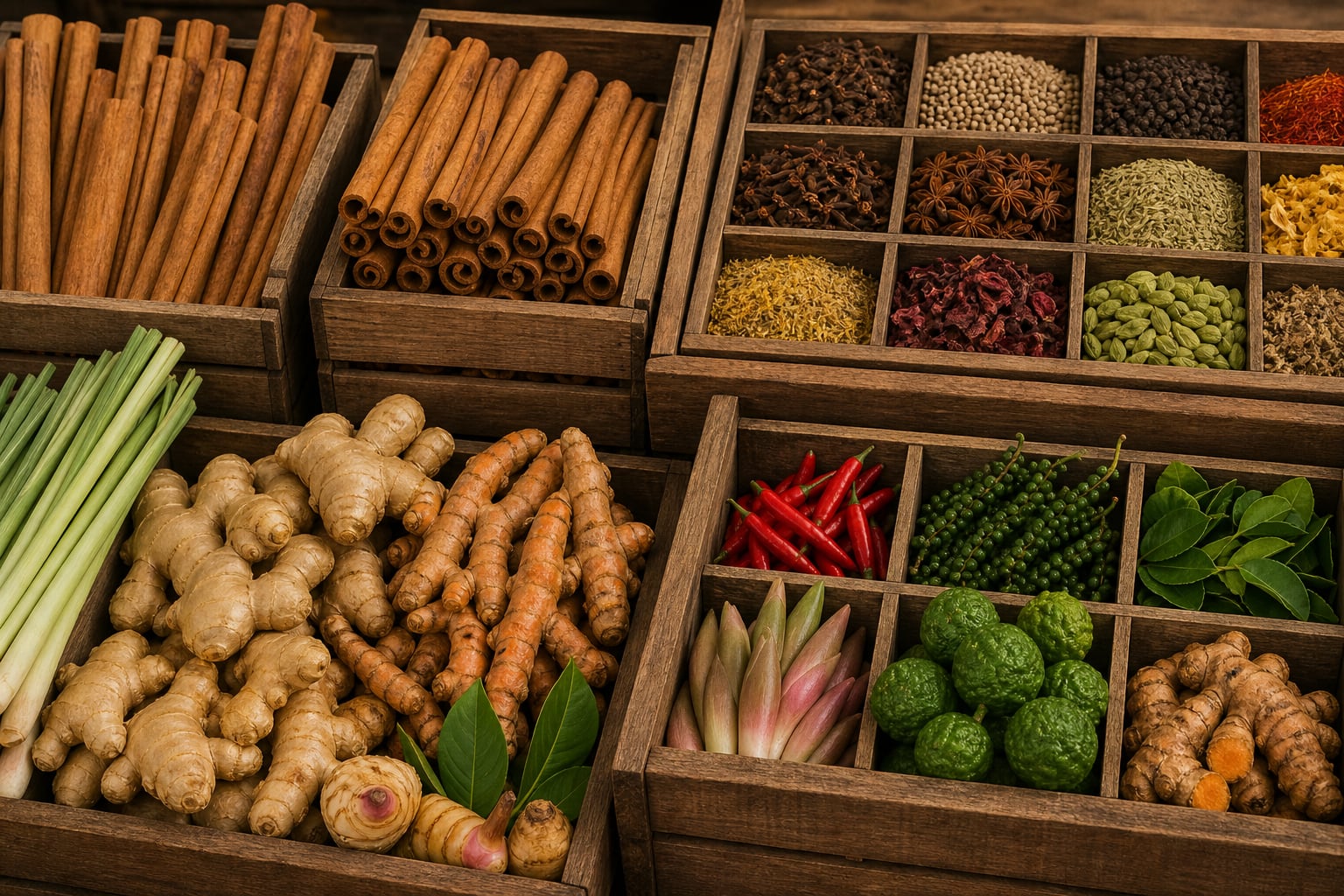 Cajas de madera organizan una variedad de especias frescas y medicinales como canela, jengibre, cúrcuma y chiles. (Imagen Ilustrativa Infobae)