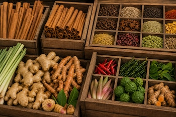 Cajas de madera con ramas de canela, raíces de jengibre y cúrcuma, chiles rojos, limoncillo, pimienta y otras especias.