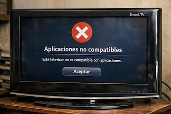 Primer plano de un televisor Smart TV viejo y polvoriento con una pantalla negra que muestra un mensaje de error: 'Aplicaciones no compatibles'.