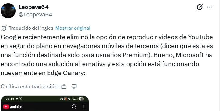 Publicación en X de Leo Varela sobre la actualización de Microsoft Edge. (X: @Leopeva64)