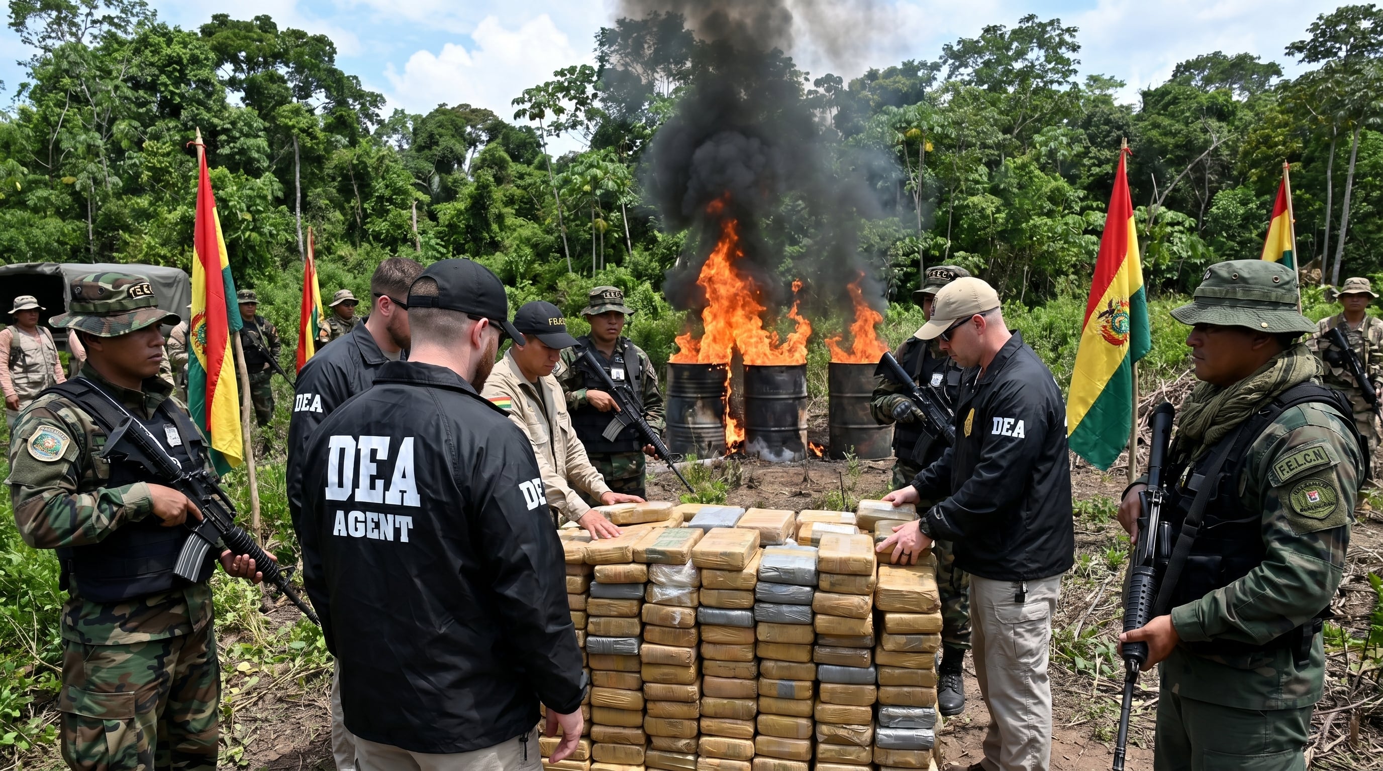 Agentes de la DEA y militares del Ejército de Bolivia inspeccionan una gran cantidad de paquetes de drogas confiscadas (Imagen Ilustrativa Infobae)