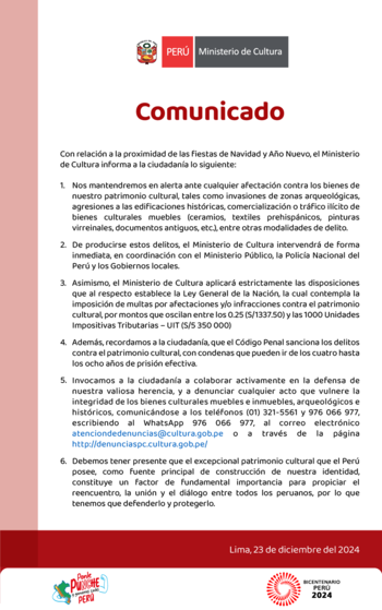 Comunicado del Mincul.