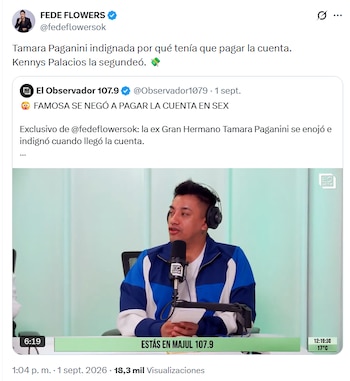 La versión difundida por Fede Flowers indicó que Tamara Paganini se negó a abonar 200.000 pesos en consumiciones tras una salida en Sex