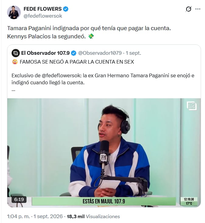 La versión difundida por Fede Flowers indicó que Tamara Paganini se negó a abonar 200.000 pesos en consumiciones tras una salida en Sex