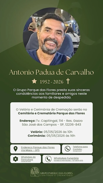 Anuncio fúnebre de Antonio Padua de Carvalho con su foto sonriente en la parte superior y detalles del velorio y cremación en un fondo verde oscuro