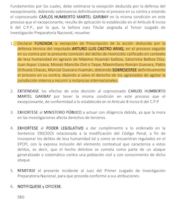 Un juzgado de investigación preparatoria declara fundada la prescripción del proceso contra Arturo Luis Castro Arias por el delito de homicidio calificado en contexto de lesa humanidad.