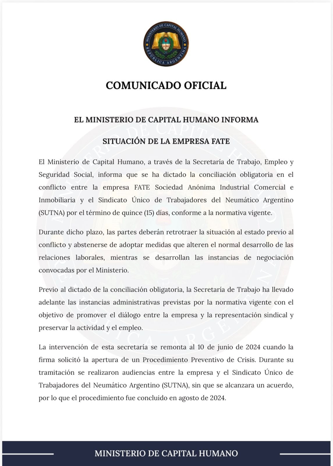 La Secretaría de Trabajo, Empleo y Seguridad Social dictó la conciliación obligatoria en el conflicto abierto entre el SUTNA y FATE