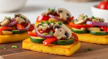 Varias bruschettas de polenta con morrón rojo, zucchini, cebolla morada, champiñones y perejil picado, servidas en una tabla de madera.