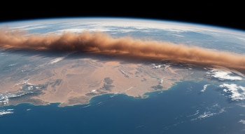 Vista satelital de una gran nube de polvo de color naranja-marrón que se extiende sobre una masa de tierra desértica y el océano azul de la Tierra, con el espacio oscuro en la parte superior.