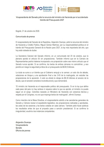 Vicepresidente del Senado pidió la renuncia del ministro de Hacienda, Miguel Gómez