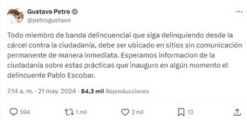 Petro publicó su postura sobre delincuentes en las cárceles - crédito @petrogustavo/X