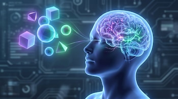 Una cabeza translúcida de perfil muestra un cerebro brillante con actividad neuronal mientras líneas de luz conectan formas geométricas flotantes a los ojos.