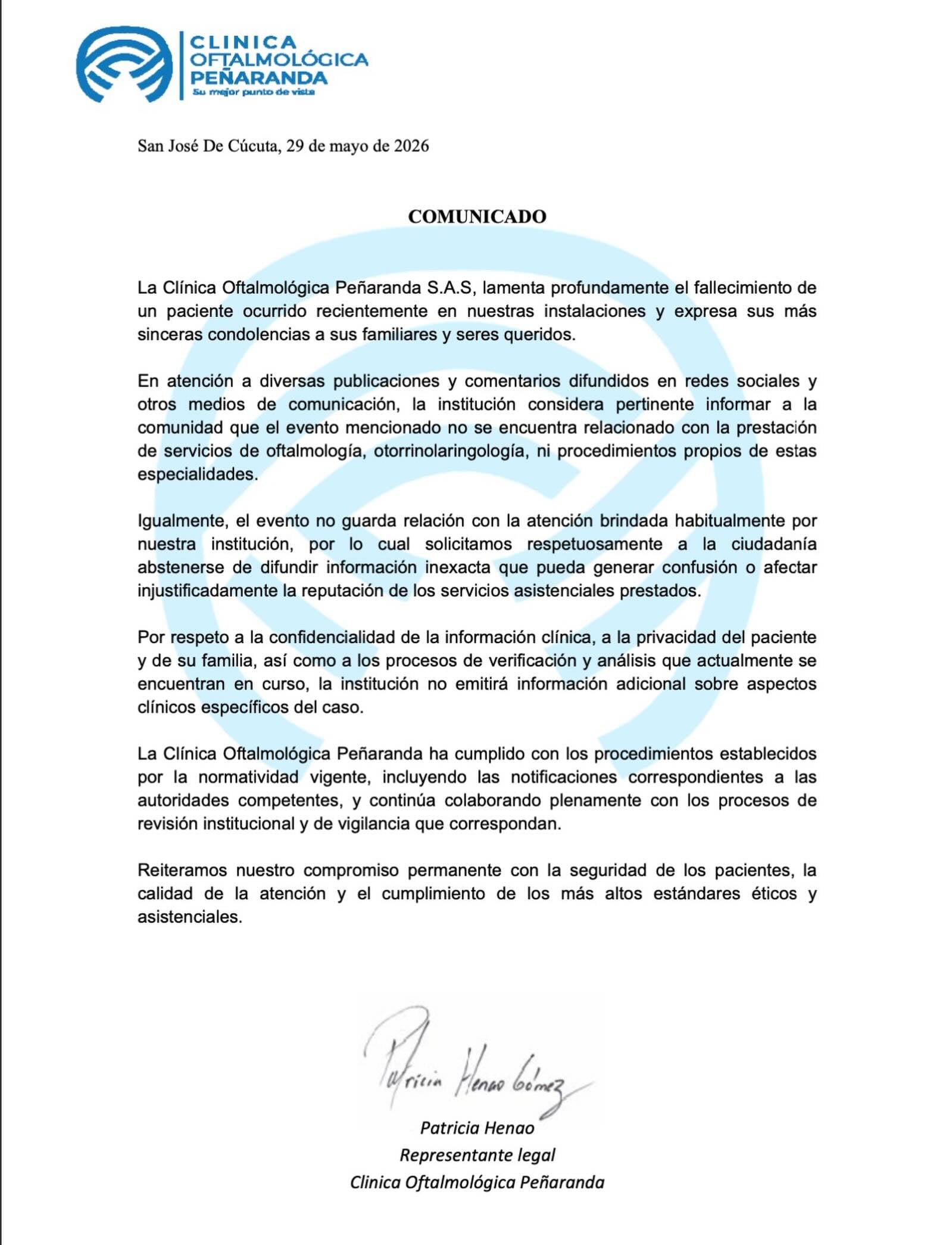 Comunicado oficial de la clínica oftalmológica - crédito Facebook