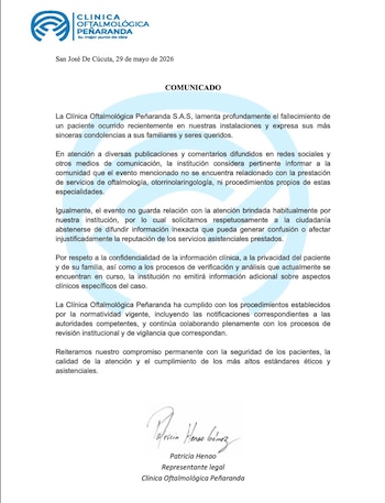 Comunicado oficial de la clínica oftalmológica - crédito Facebook