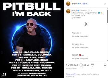 Captura de pantalla de una publicación de Instagram con un afiche de Pitbull y una lista de fechas de conciertos en ciudades latinoamericanas