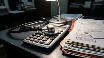 Un estetoscopio sobre una calculadora de escritorio desgastada, junto a una pila de documentos impresos iluminados por una lámpara de mesa.