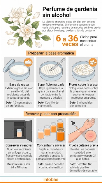 Infografía con flores de gardenia, recipientes con grasa, frascos de vidrio, un cuchillo y la demostración de una prueba en un brazo.