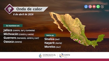 Gráfico meteorológico con el mapa de México, estados con onda de calor resaltados en rosa, texto "Onda de calor" y fecha 6 de abril de 2026