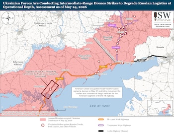 Mapa de Ucrania y Rusia que ilustra el territorio ocupado en rosa y ataques ucranianos con drones contra camiones y vehículos rusos, con carreteras principales marcadas