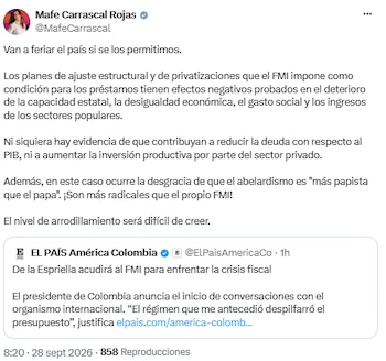 María Fernanda Carrascal cuestionó posible acuerdo con el FMI y alertó por privatizaciones - crédito @MafeCarrascal/X