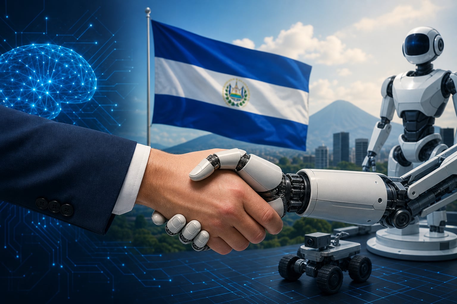 Una ilustración simboliza la alianza entre el Gobierno de El Salvador y el sector tecnológico para desarrollar proyectos de inteligencia artificial y robótica. (Imagen Ilustrativa Infobae)