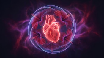Imagen digital de un corazón humano rojo brillante rodeado por un escudo transparente y pétalos de hibisco, sobre un fondo oscuro con luces moradas y carmesí.
