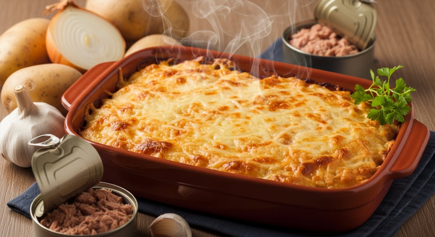 El plato incluye una base de puré de papas y un relleno de atún con cebolla y morrón, gratinado al horno con queso rallado hasta lograr una costra dorada - (Imagen Ilustrativa Infobae)