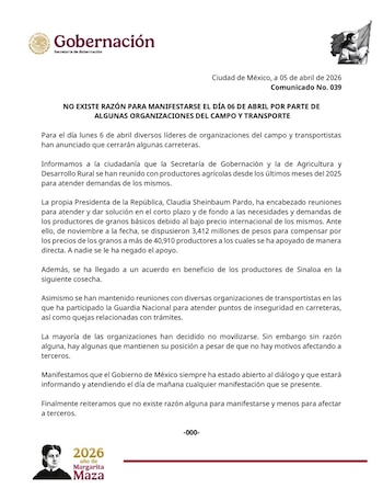 Segob afirma que se han sostenido mesas de diálogo y apoyos al sector.