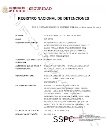 Ficha del RND que confirma la detención de Vicente Aldape. Crédito: RND