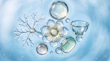 Un fondo azul claro con pequeñas burbujas contiene una burbuja grande, una forma ramificada, una forma de flor, un cuenco y una forma ovalada verde.
