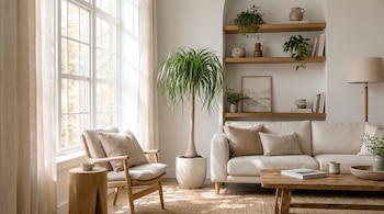 Un sofá blanco, un sillón de madera, una planta en maceta y una mesa de centro sobre una alfombra en una sala con gran ventana.