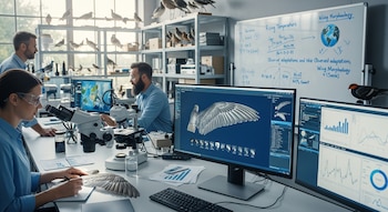 Tres científicos en un laboratorio, una mujer examina un ala de ave bajo un microscopio, monitores muestran modelos 3D de alas y gráficos, estantes con aves disecadas.