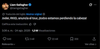 Captura de pantalla de un mensaje en la red social X publicado por la cuenta verificada de Liam Gallagher